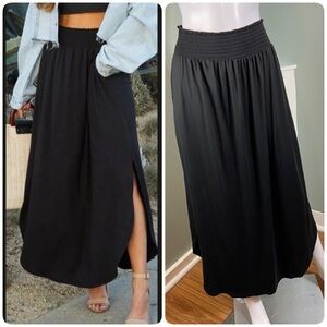 NWT New Ninexis Smocked Black Maxi Skirt Medium M Boho Slits